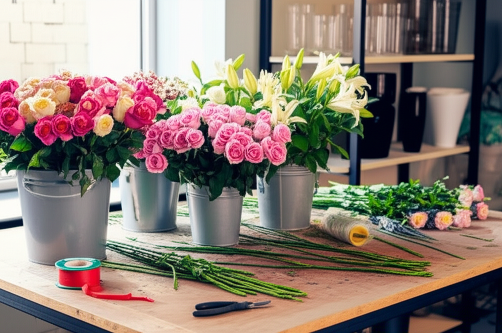 Professional florist creating beautiful flower arrangements