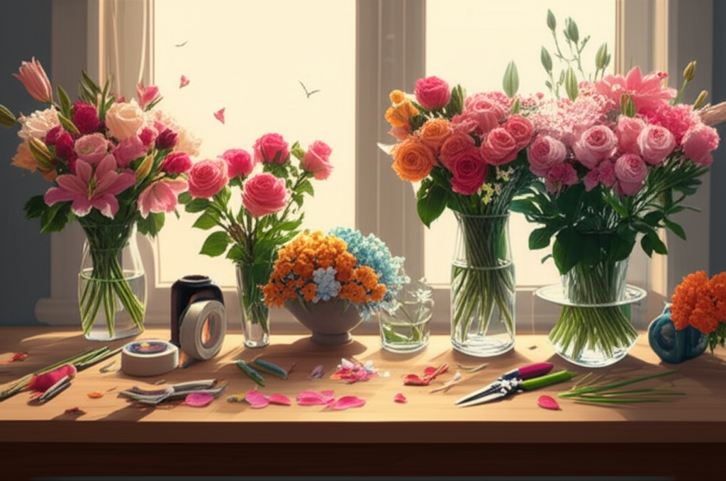 Professional florist arranging fresh flowers in workshop