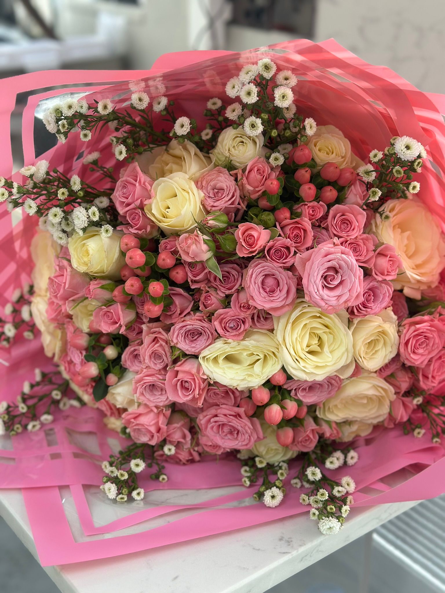 Pink & Cream Roses with Berries
