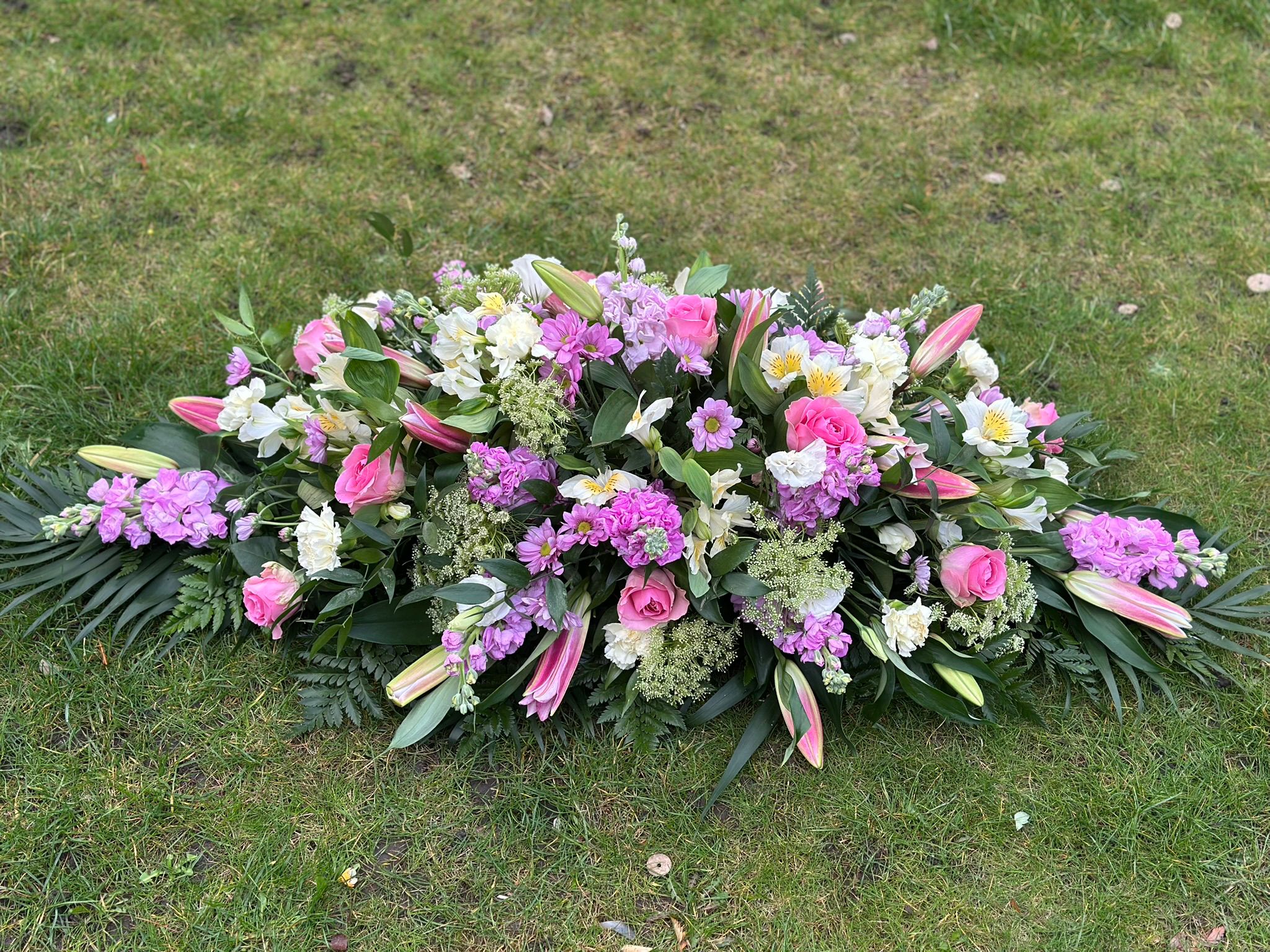 Pink & White Funeral Casket Spray
