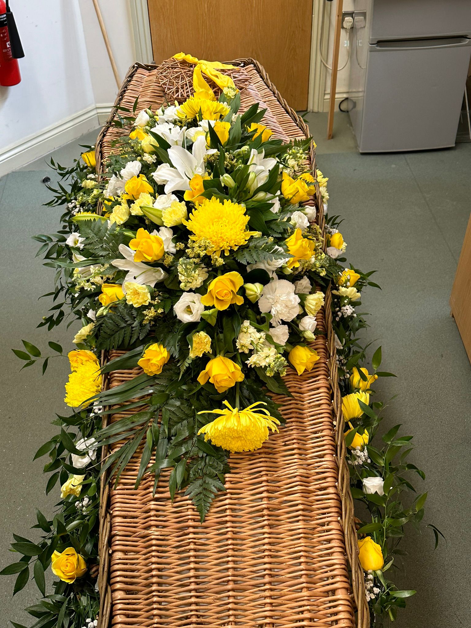 Yellow & White Funeral Casket Spray