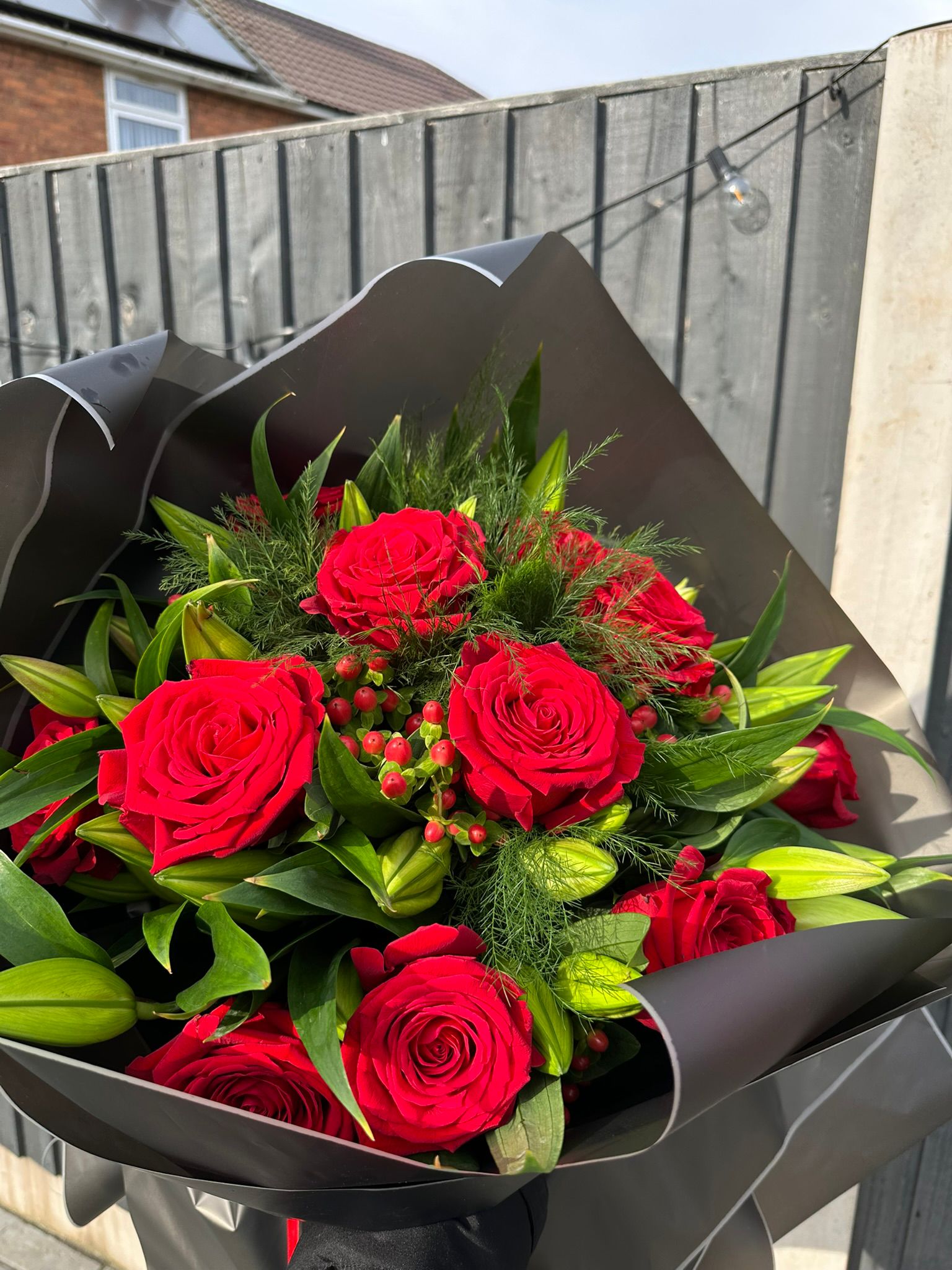 Red Roses with Lilies Black Wrap