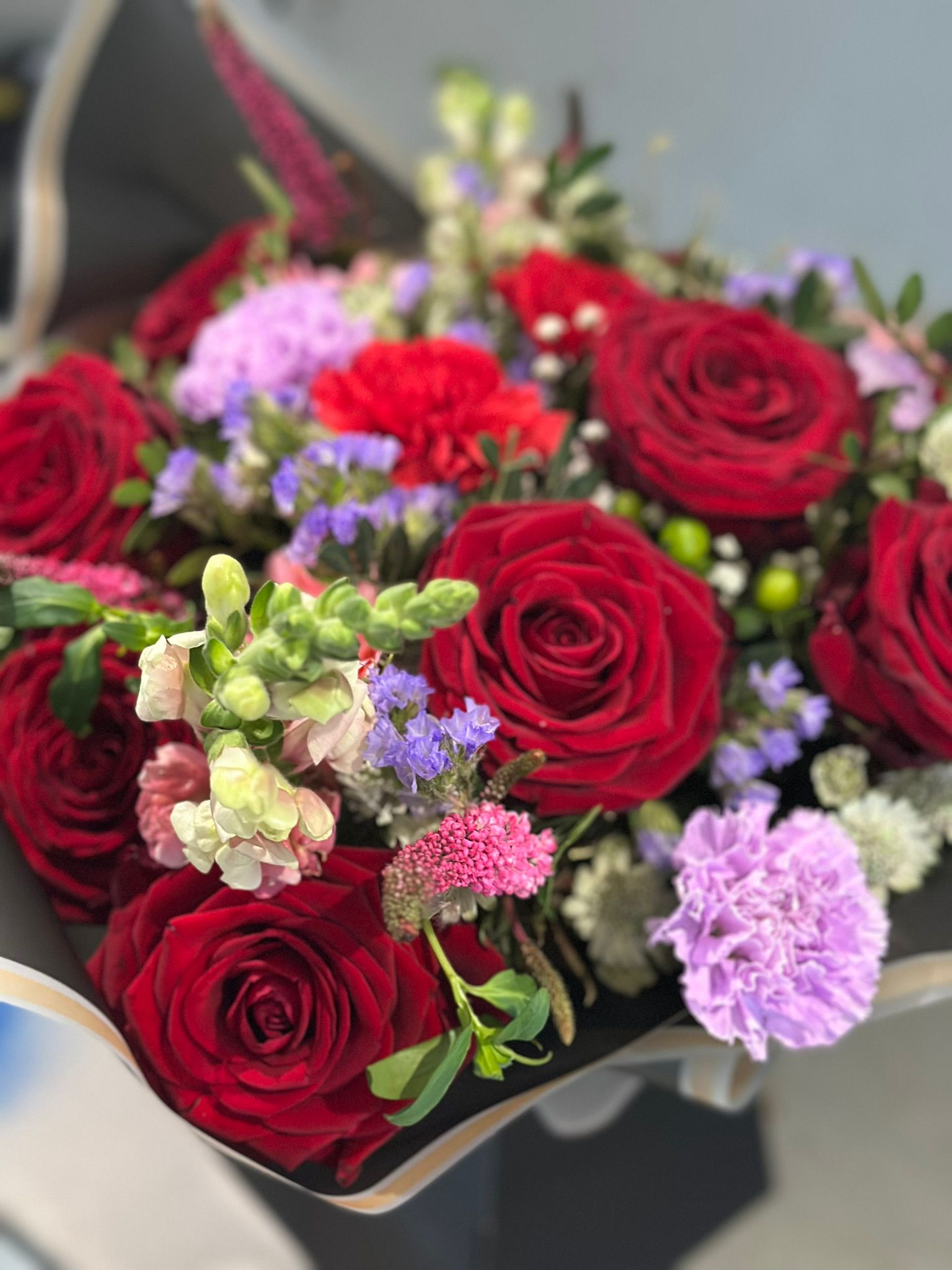 Red Roses & Purple Scabiosa Basket