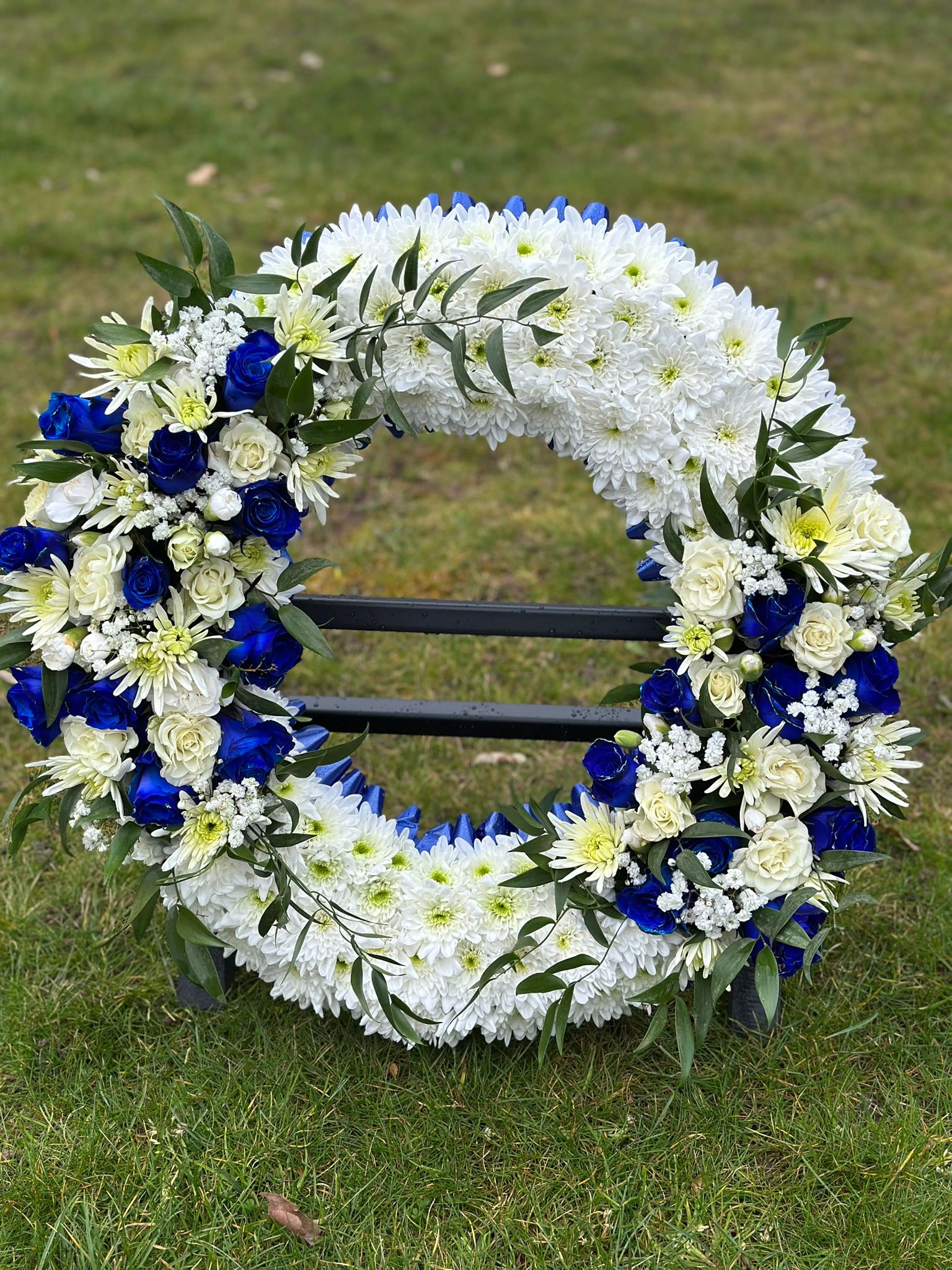 White & Blue Funeral Wreath