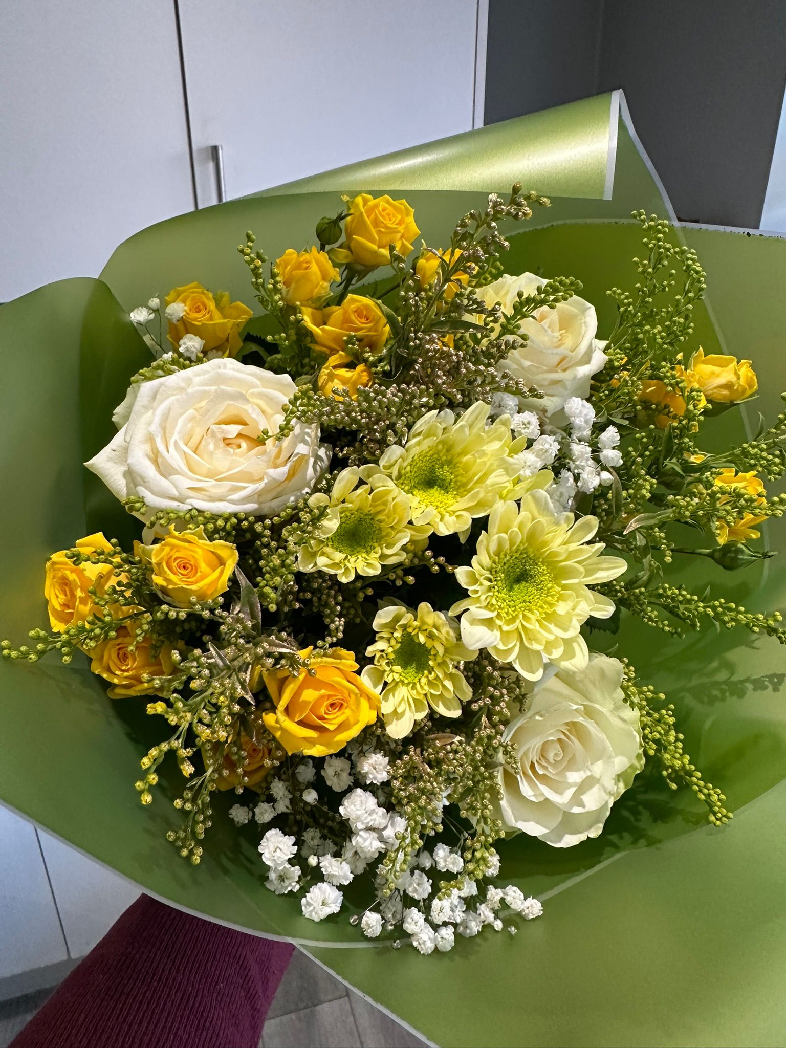 Yellow & White Green Wrap Bouquet